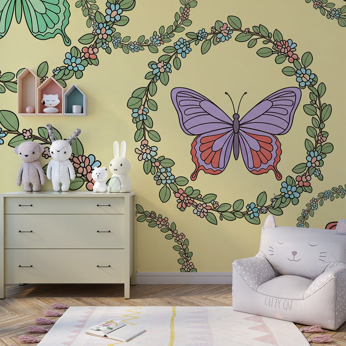 Behang kinderkamer | Kleurrijke vlinders tussen bloemen op een gele achtergrond