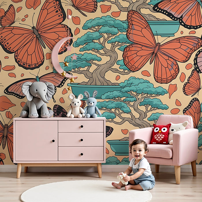 Behang kinderkamer | Kleurrijke vlinders en bonsai op zachte achtergrond