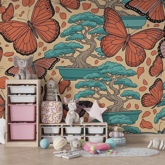 Behang kinderkamer | Kleurrijke vlinders en bonsai op zachte achtergrond