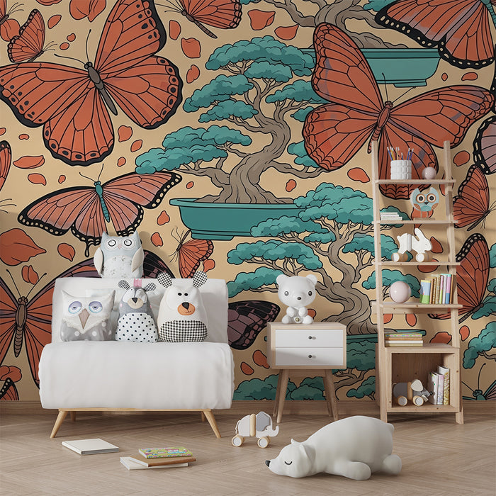 Behang kinderkamer | Kleurrijke vlinders en bonsai op zachte achtergrond