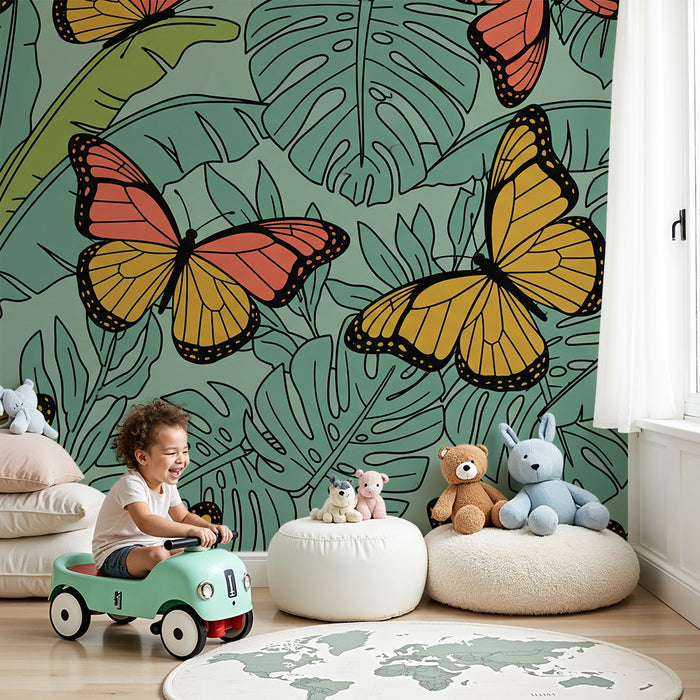 Behang kinderkamer | Kleurrijke vlinders en tropisch groen