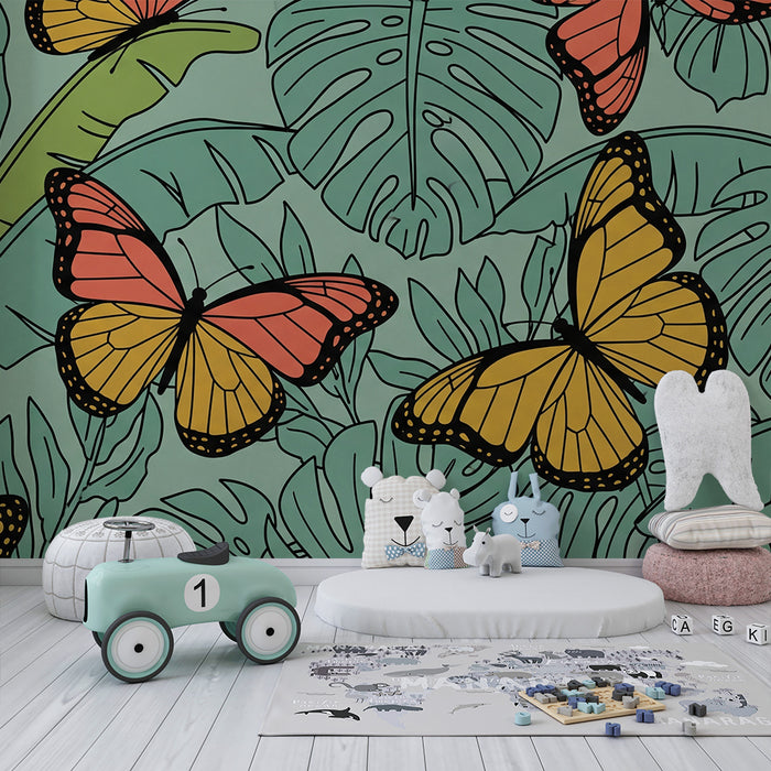 Behang kinderkamer | Kleurrijke vlinders en tropisch groen