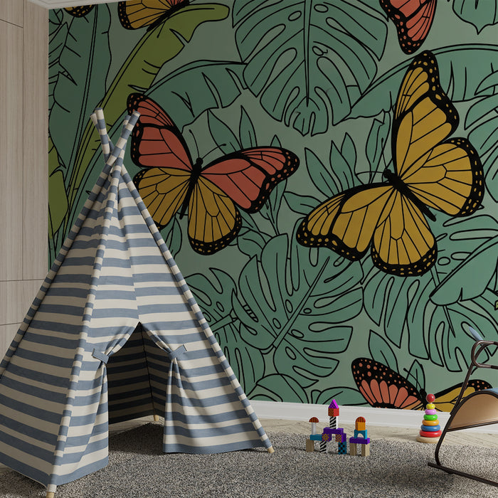 Behang kinderkamer | Kleurrijke vlinders en tropisch groen