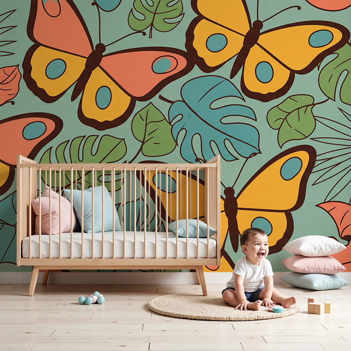 Kids' Room Wallpaper | Colorful Butterflies and Tropical Foliage on a Soft Background