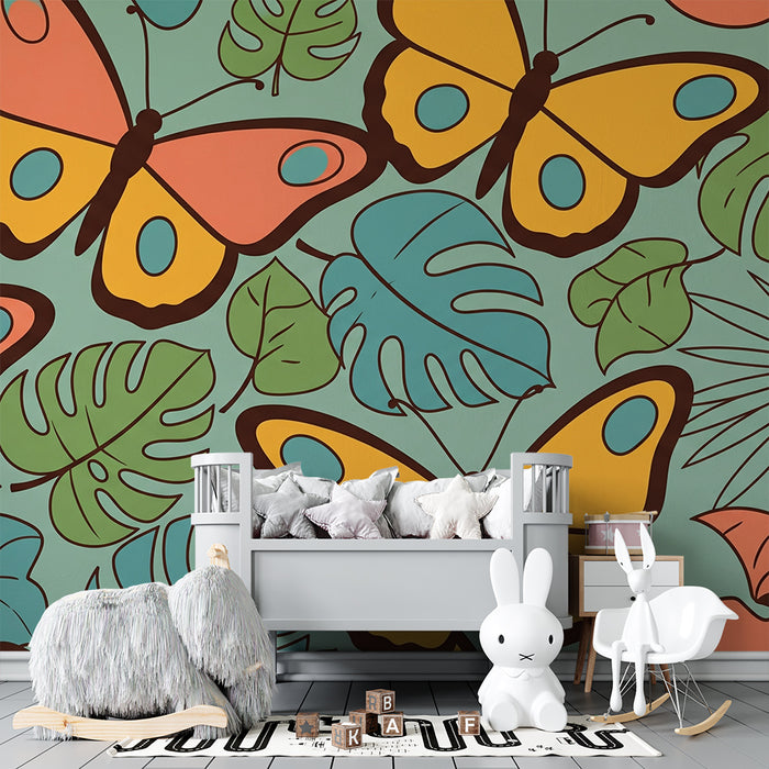Kids' Room Wallpaper | Colorful Butterflies and Tropical Foliage on a Soft Background