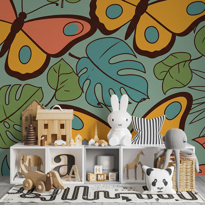 Kids' Room Wallpaper | Colorful Butterflies and Tropical Foliage on a Soft Background