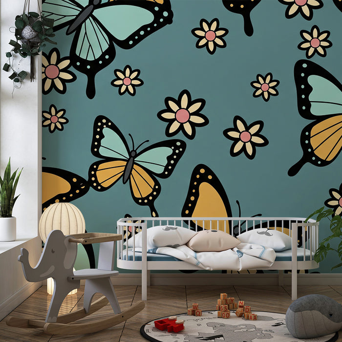 Carta da parati per cameretta | Farfalle colorate e fiori su sfondo blu
