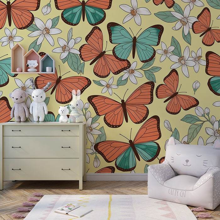 Carta da parati per cameretta | Farfalle colorate e fiori su sfondo giallo
