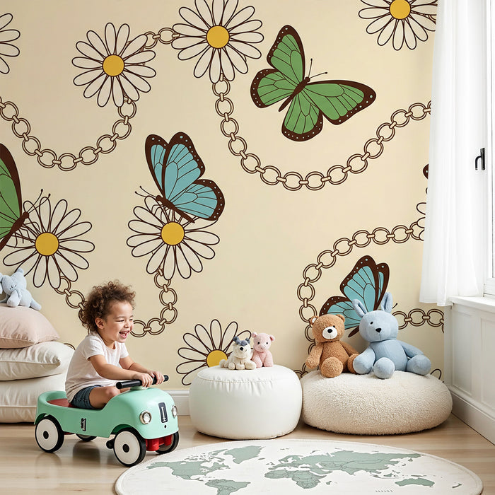 Behang kinderkamer | Kleurrijke vlinders en madeliefjes op zachte achtergrond