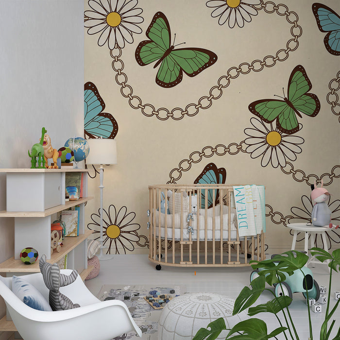 Behang kinderkamer | Kleurrijke vlinders en madeliefjes op zachte achtergrond
