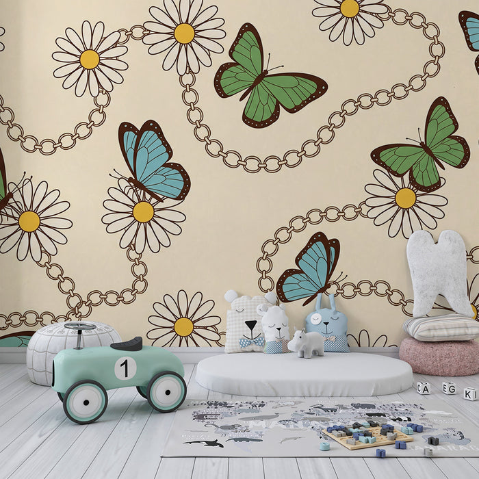 Behang kinderkamer | Kleurrijke vlinders en madeliefjes op zachte achtergrond