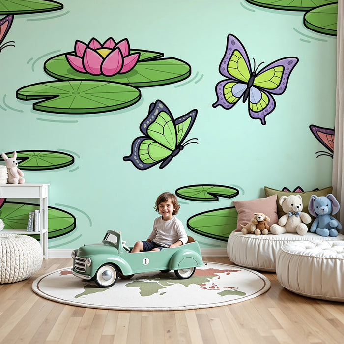 Kids' Room Wallpaper | Colorful Butterflies and Lily Pads on a Peaceful Pond