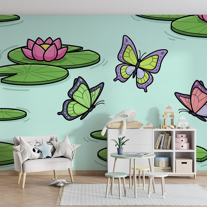 Kids' Room Wallpaper | Colorful Butterflies and Lily Pads on a Peaceful Pond
