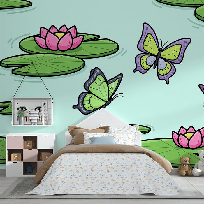 Kids' Room Wallpaper | Colorful Butterflies and Lily Pads on a Peaceful Pond