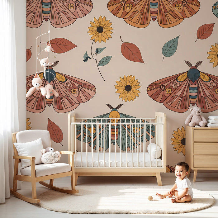 Papel de parede para quarto infantil | Borboletas coloridas e girassóis sobre fundo suave