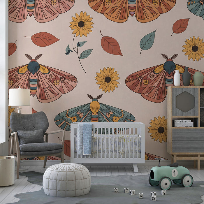 Papel de parede para quarto infantil | Borboletas coloridas e girassóis sobre fundo suave