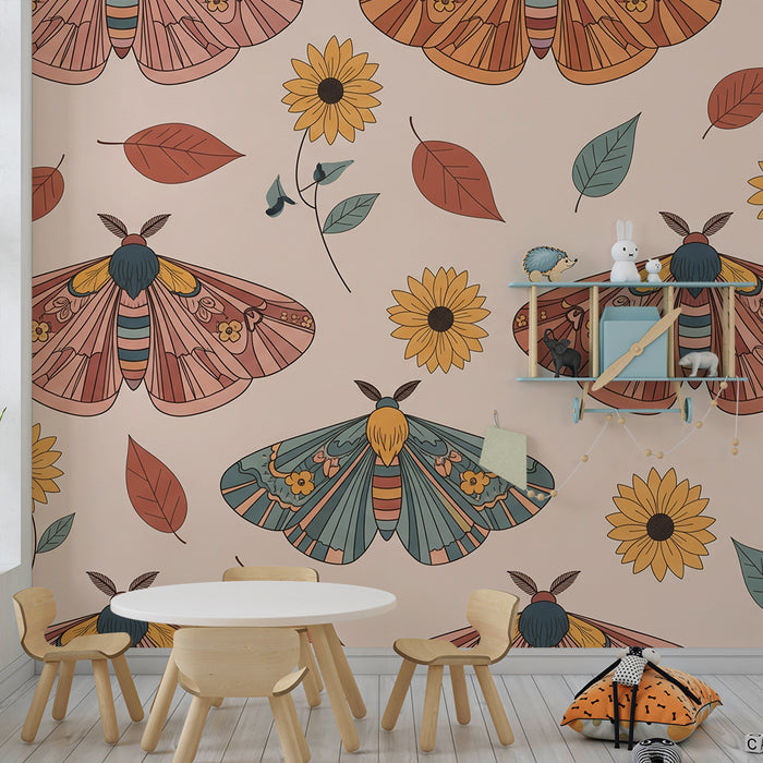 Papel de parede para quarto infantil | Borboletas coloridas e girassóis sobre fundo suave