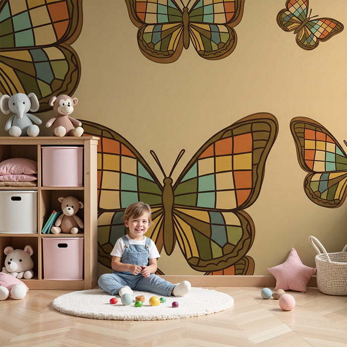 Behang kinderkamer | Kleurrijke vlinders op zachte achtergrond