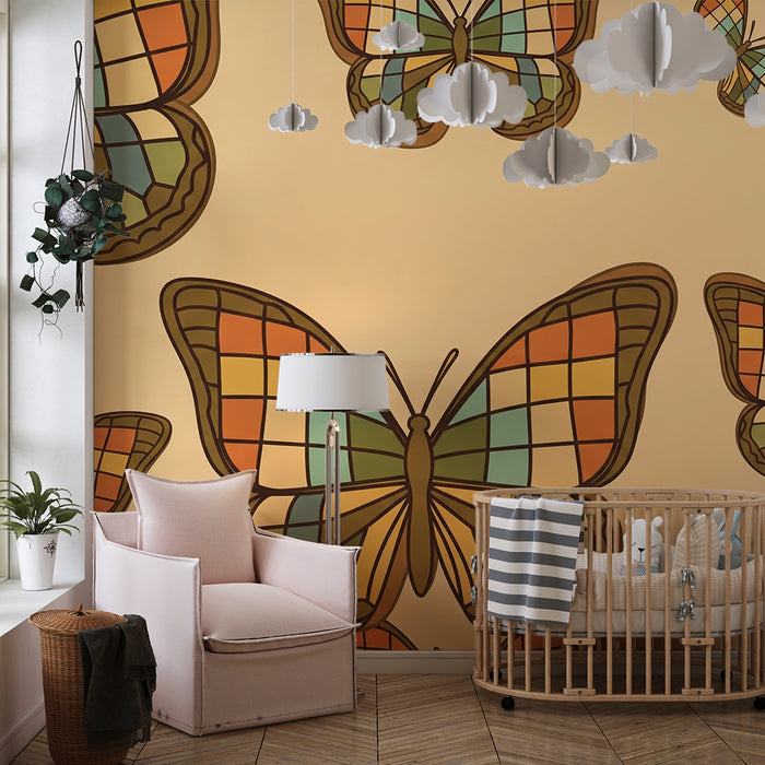Behang kinderkamer | Kleurrijke vlinders op zachte achtergrond