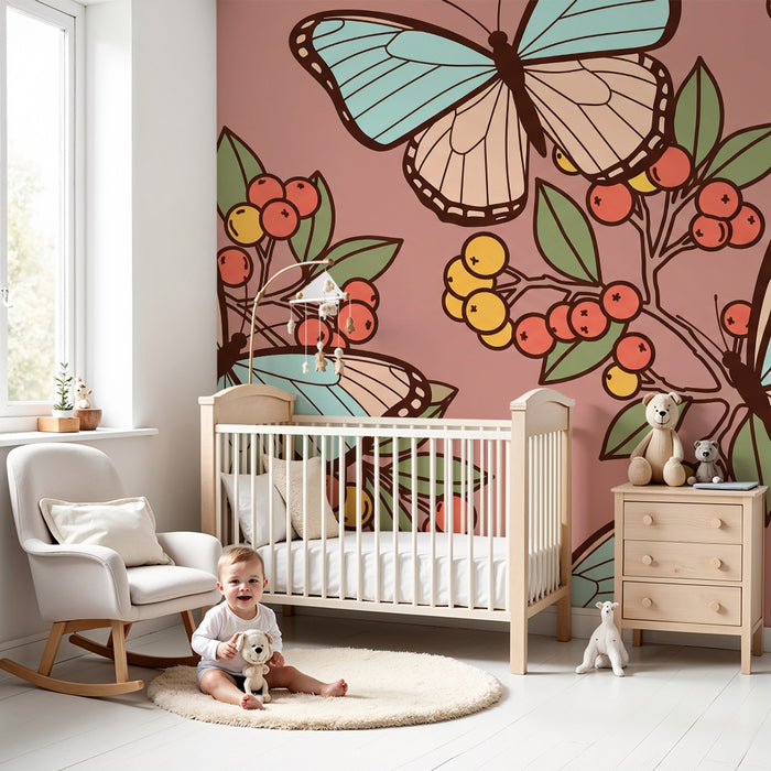 Behang kinderkamer | Kleurrijke vlinders op roze achtergrond met bessen en gebladerte