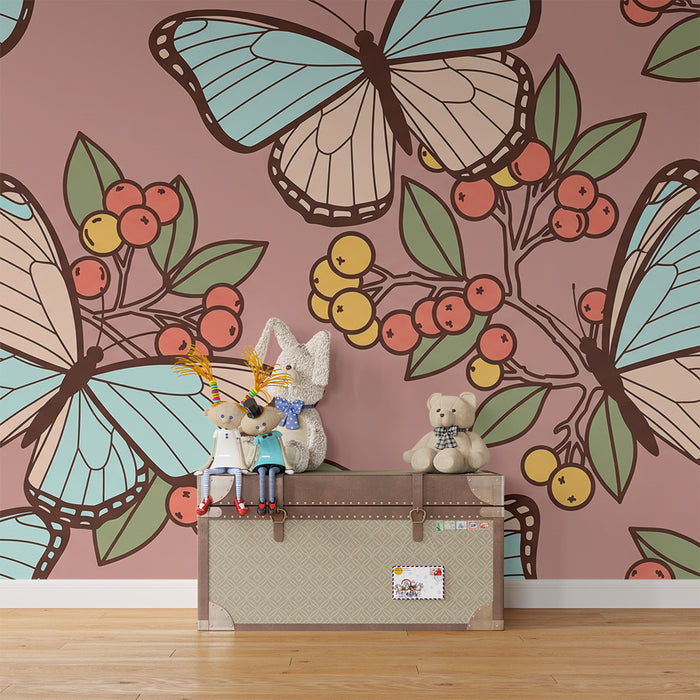 Behang kinderkamer | Kleurrijke vlinders op roze achtergrond met bessen en gebladerte