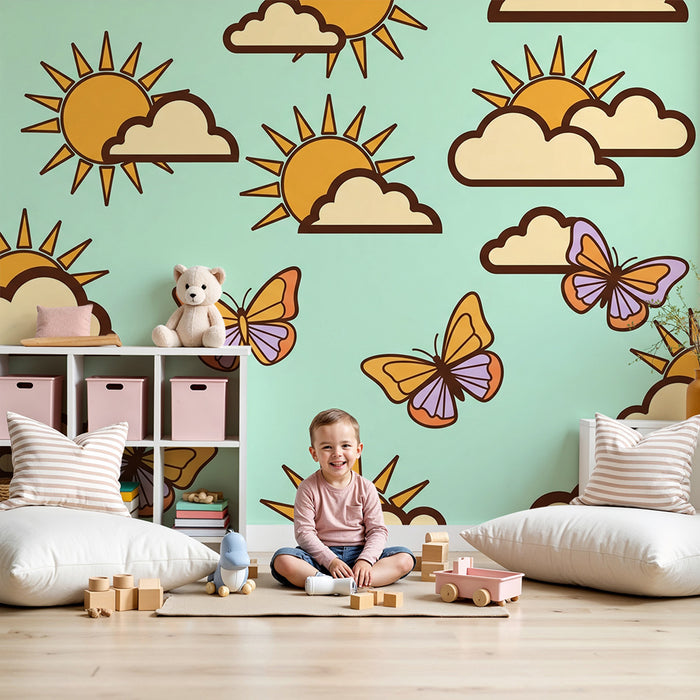 Papel pintado infantil | Mariposas y soles sobre fondo pastel