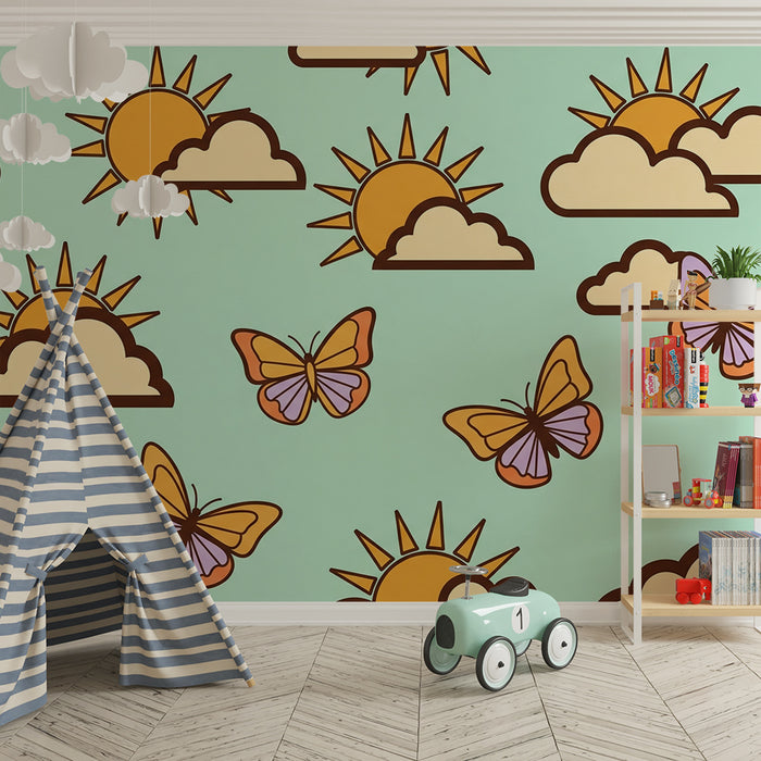 Papel pintado infantil | Mariposas y soles sobre fondo pastel