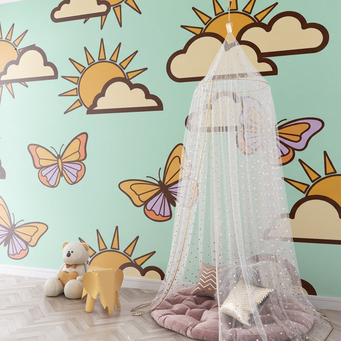 Papel pintado infantil | Mariposas y soles sobre fondo pastel