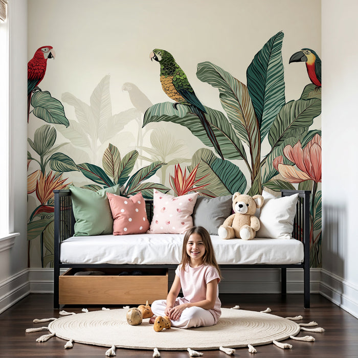 Papel de parede criança | Paraíso tropical com papagaios coloridos