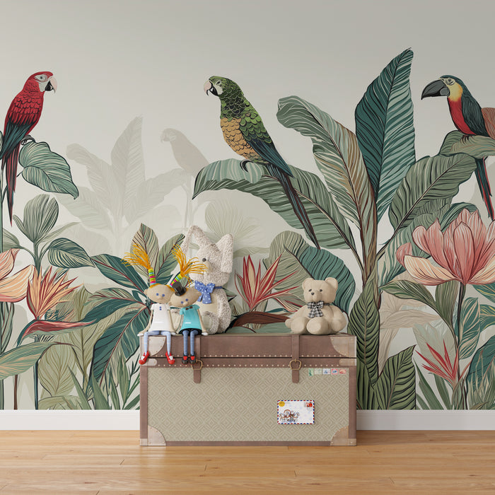 Papel de parede criança | Paraíso tropical com papagaios coloridos