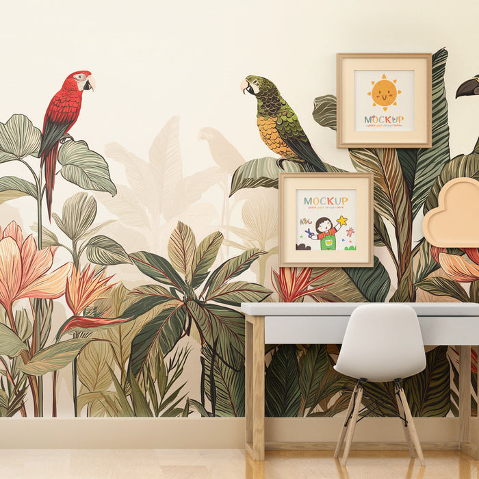 Papel de parede criança | Paraíso tropical com papagaios coloridos
