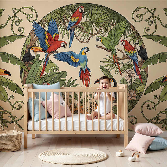 Gyermekszoba tapéta | Trópusi paradicsom színes papagájokkal és tukánokkal