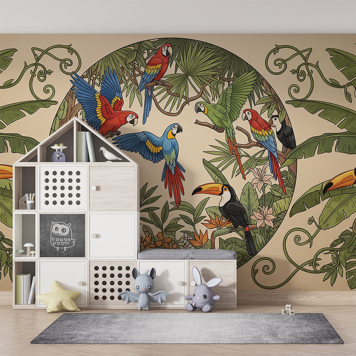 Gyermekszoba tapéta | Trópusi paradicsom színes papagájokkal és tukánokkal