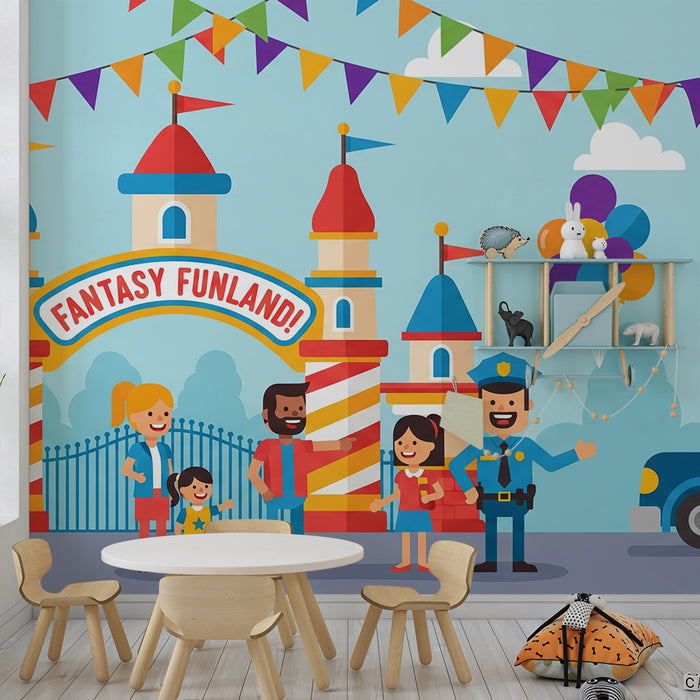 Papel de parede para quarto de criança | Parque de diversões colorido com famílias e polícias