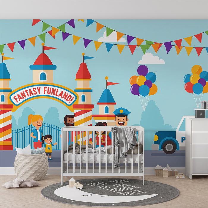 Papel de parede para quarto de criança | Parque de diversões colorido com famílias e polícias