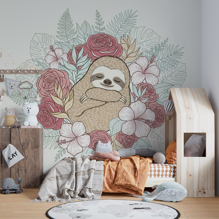 Papier peint chambre enfant | Paresseux adorable au milieu des fleurs