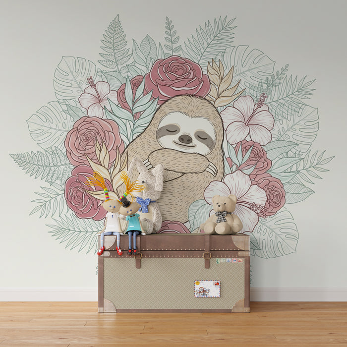 Papier peint chambre enfant | Paresseux adorable au milieu des fleurs