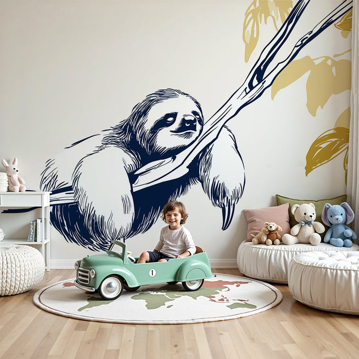 Barntapet | Söt sloth hängande på en gren med gyllene löv