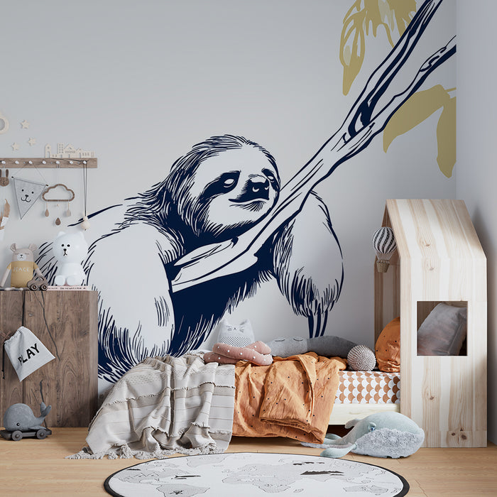Barntapet | Söt sloth hängande på en gren med gyllene löv