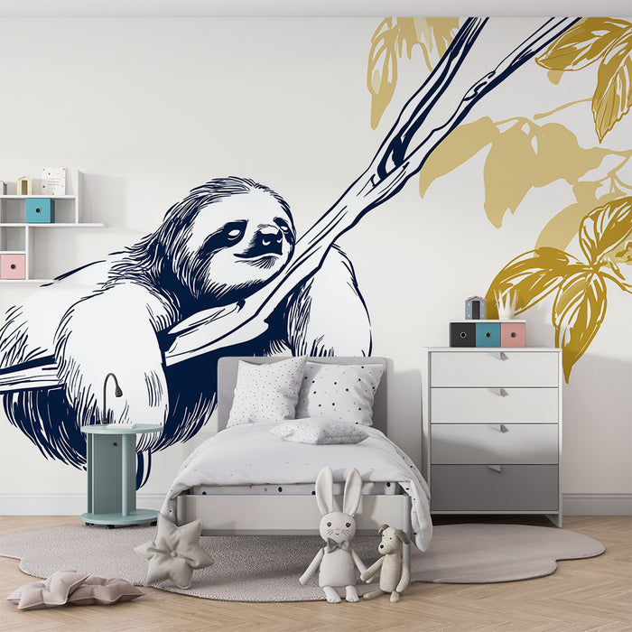 Barntapet | Söt sloth hängande på en gren med gyllene löv