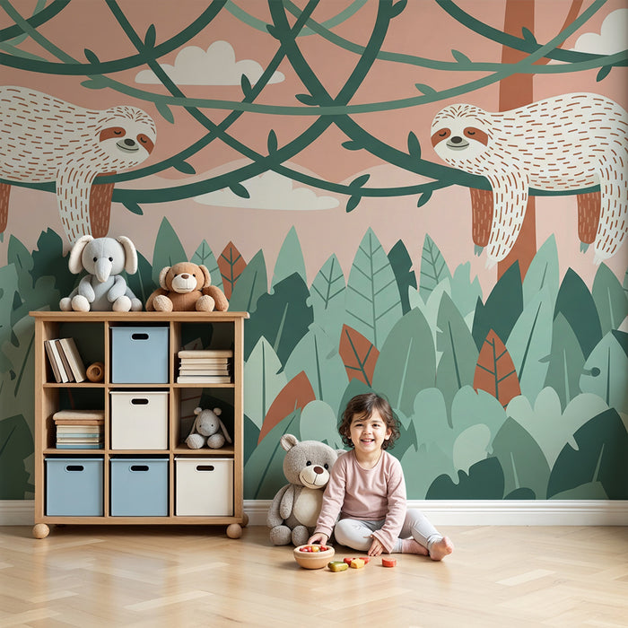Behang kinderkamer | Grappige luiaards in een kleurrijke jungle