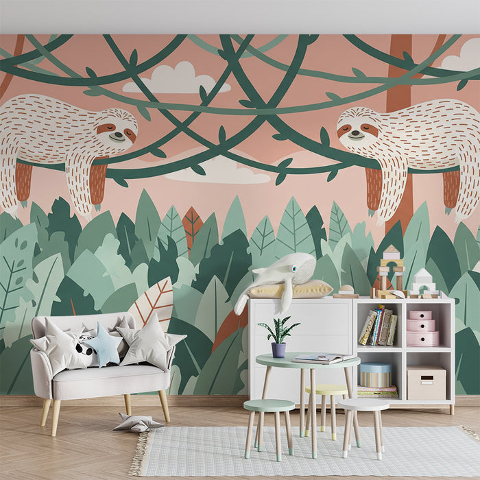 Behang kinderkamer | Grappige luiaards in een kleurrijke jungle