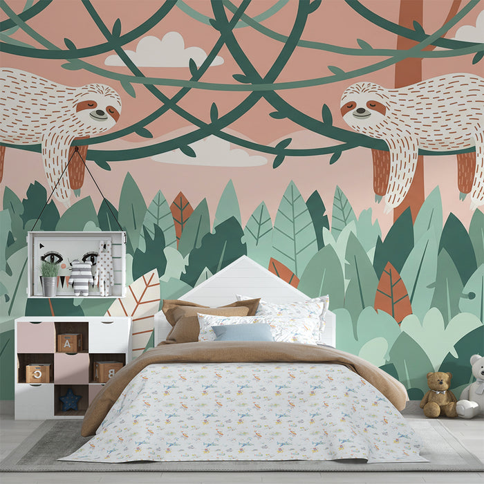 Behang kinderkamer | Grappige luiaards in een kleurrijke jungle