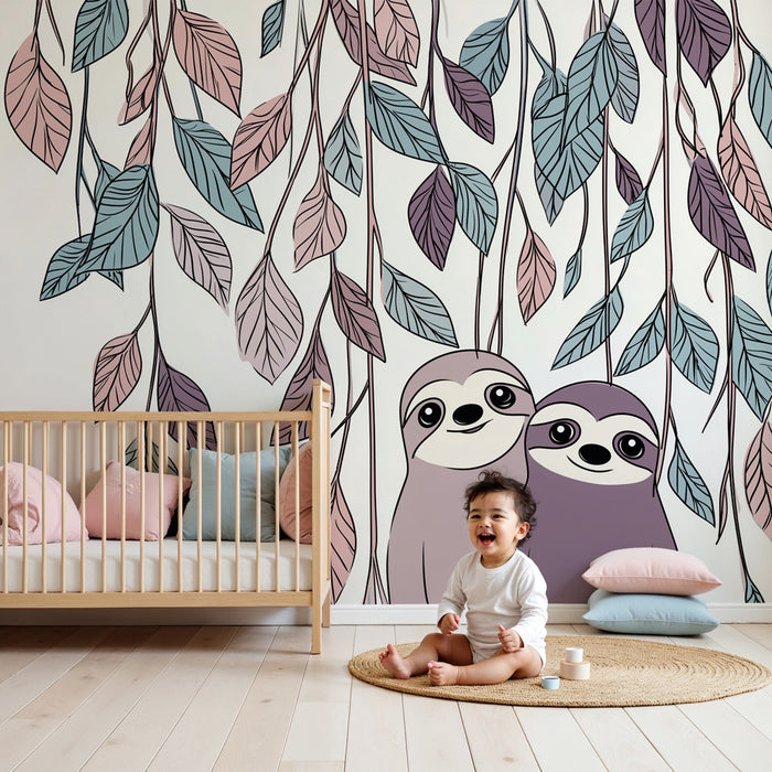 Papier peint chambre enfant | Paresseux amusants sous un feuillage délicat