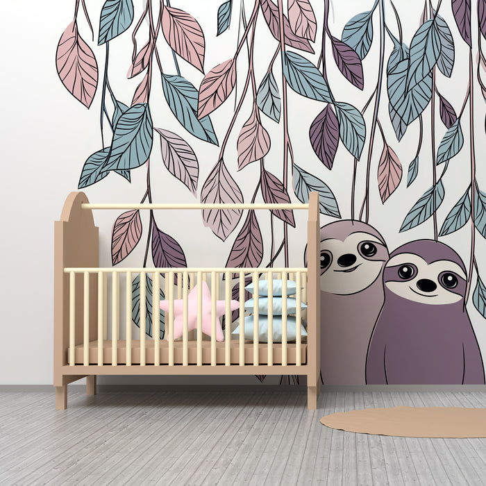 Papier peint chambre enfant | Paresseux amusants sous un feuillage délicat