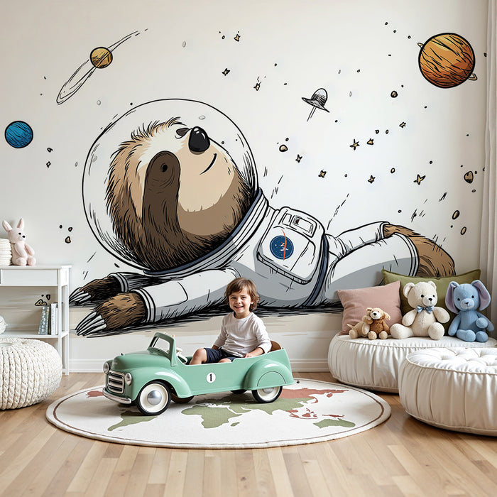 Papier peint chambre enfant | Paresseux astronaute flottant dans l'espace