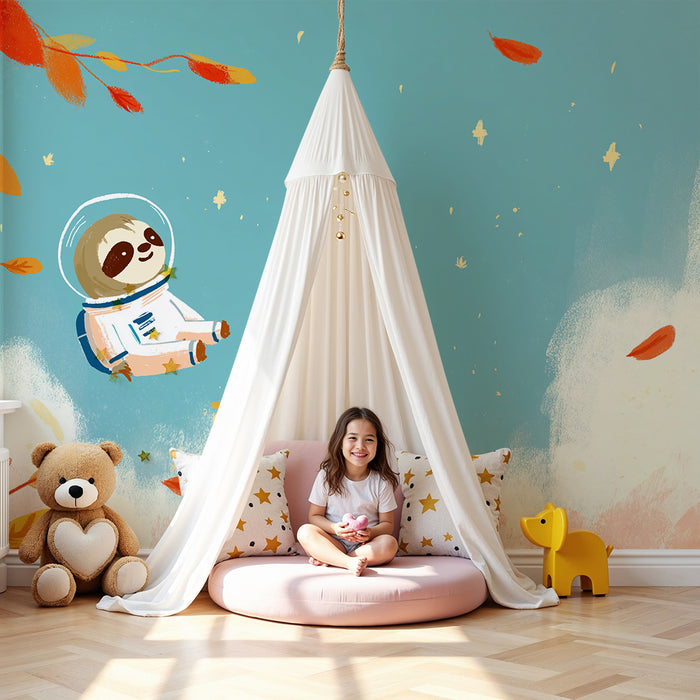 Kinderzimmer Tapete | Fauler Astronaut, der zwischen Herbstblättern schwebt