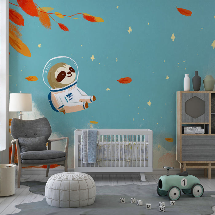 Kinderzimmer Tapete | Fauler Astronaut, der zwischen Herbstblättern schwebt