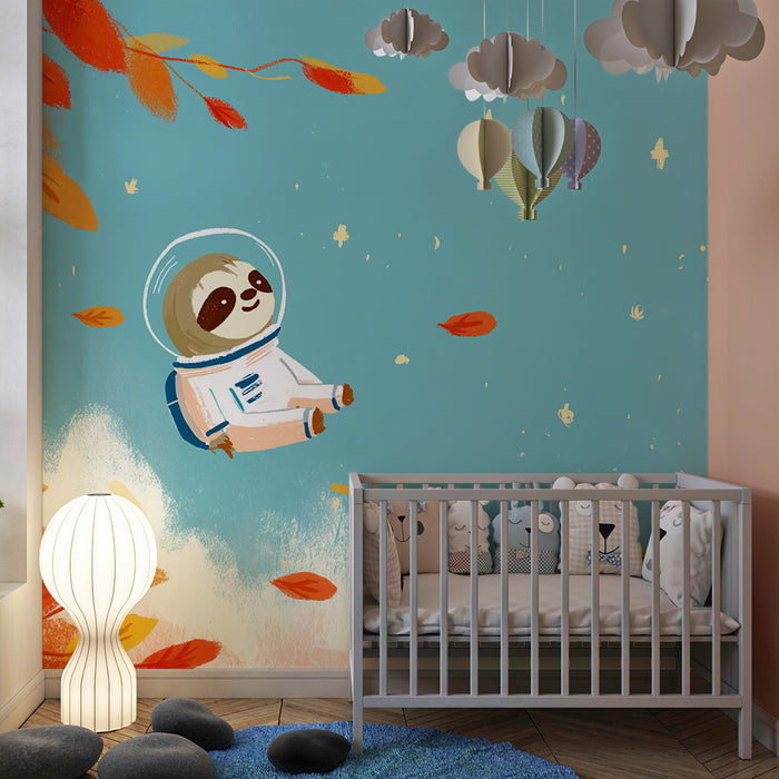 Kinderzimmer Tapete | Fauler Astronaut, der zwischen Herbstblättern schwebt