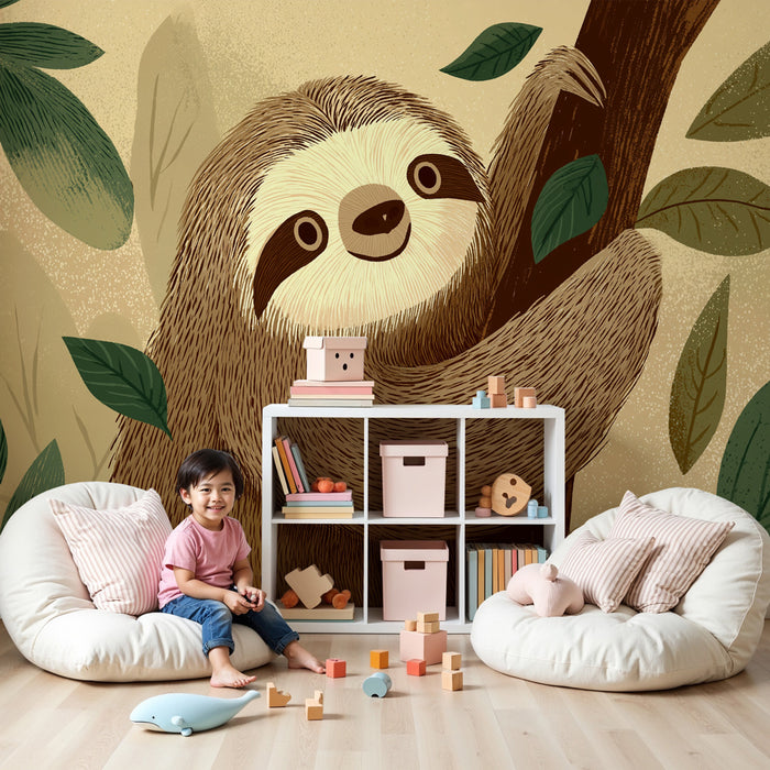 Kinderkamer behang | Schattige luiaard in de jungle